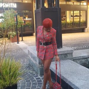 Red Plaid Blazer Dress with Belt